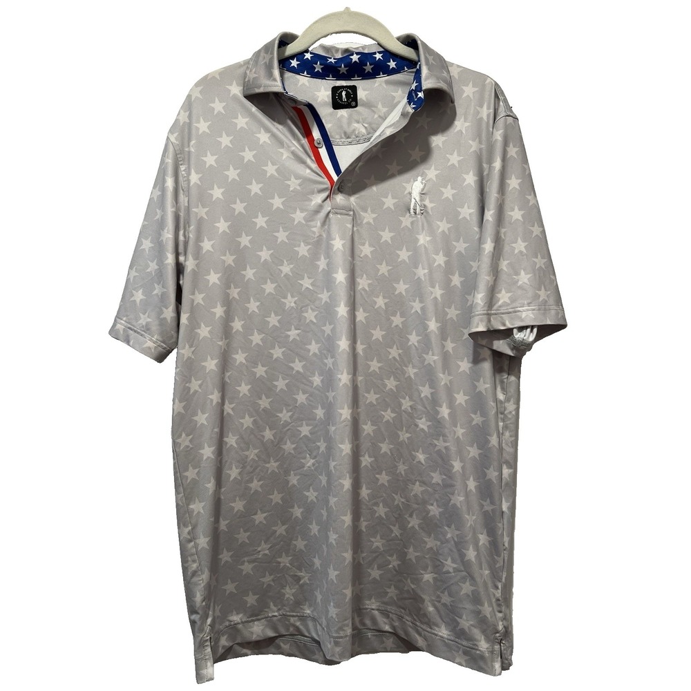 U Suck at Golf Men's M USA Stars & Stripes Gray Stretch Short Sleeve Polo 44"